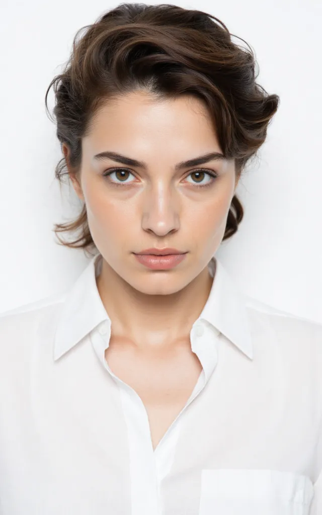 A French female model with a French twist, wearing a shirt, against a white background, in a front   facing bust portrait